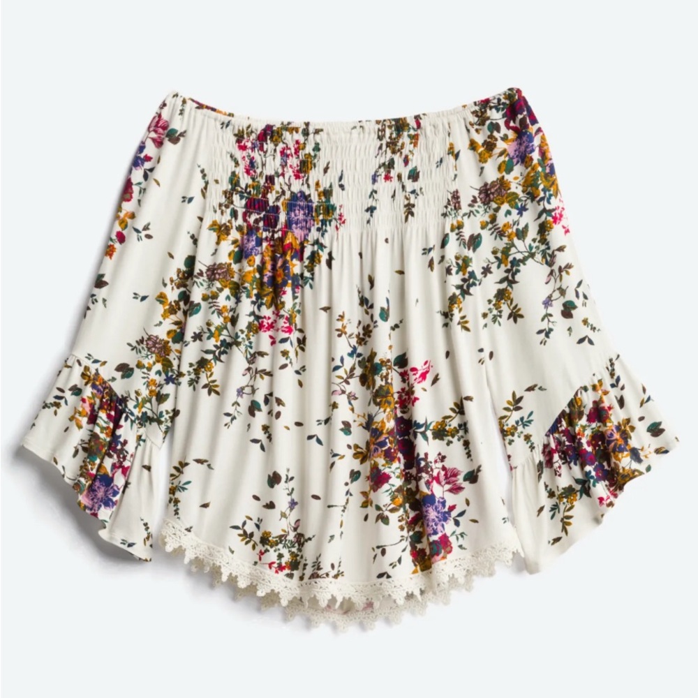 LUQ Julliet Crochet Detail Smocked Knit Top in Off-White, Size Small